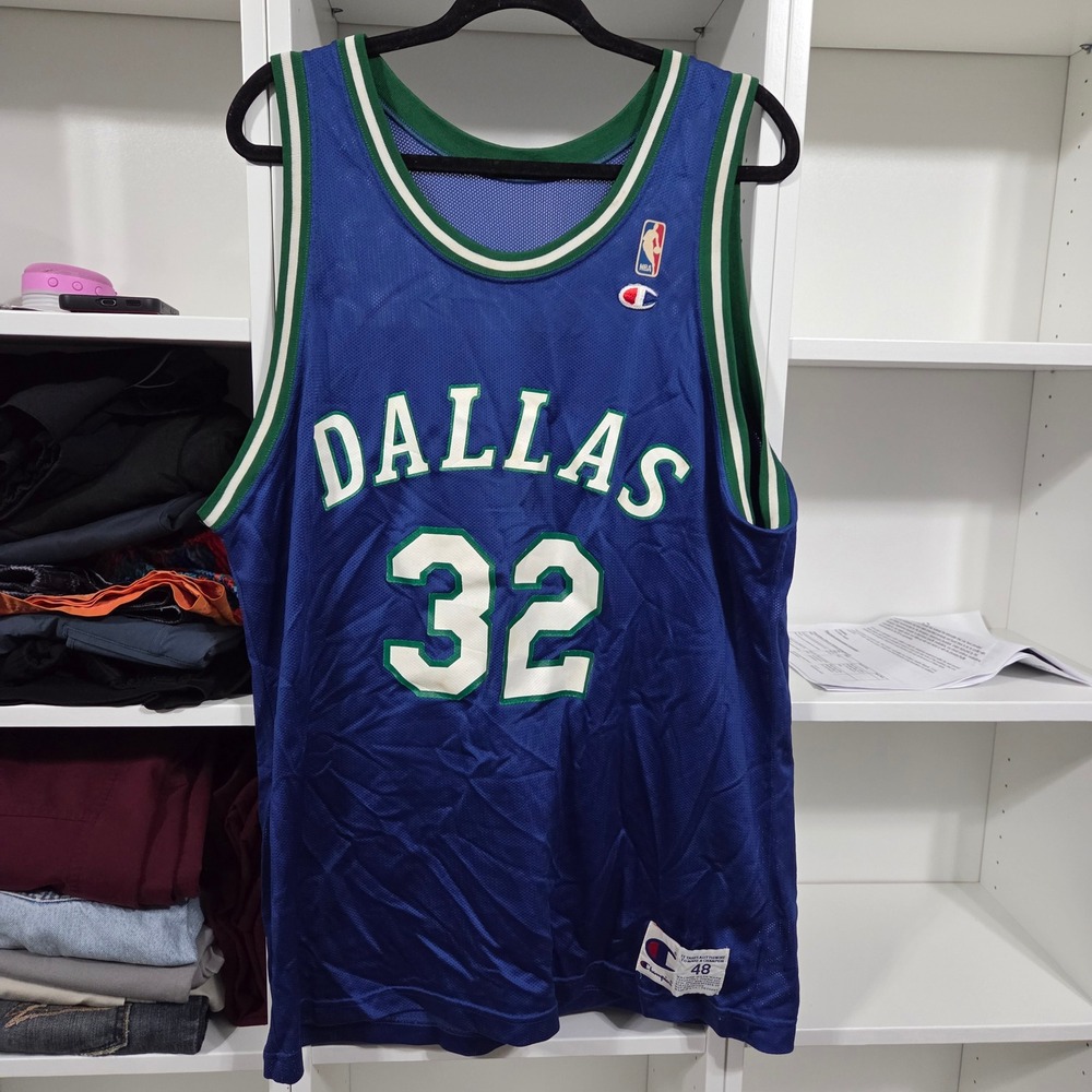 Vintage Champion Dallas Mavericks Jamal Mashburn 32 Jersey Mens 48 Blue 90s NBA